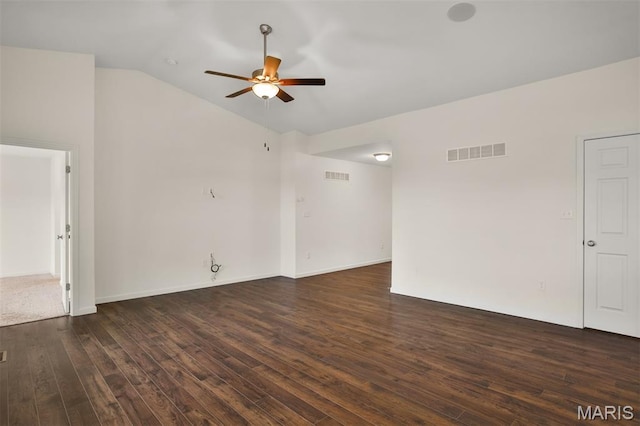 2904 Sierra View Ct, Imperial, MO 63052 - unfurnished room with ceiling fan, vaulted ceiling, and dark wood-type flooring