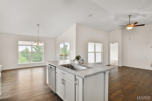 2904 Sierra View Ct, Imperial, MO 63052 - kitchen featuring lofted ceiling, dishwasher, open floor plan, dark wood-style floors, and light countertops