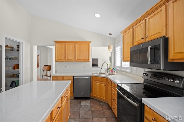 1211 Conrad Ln, Ofallon, IL 62269 - kitchen featuring dishwasher, electric range oven, lofted ceiling, light countertops, and decorative light fixtures