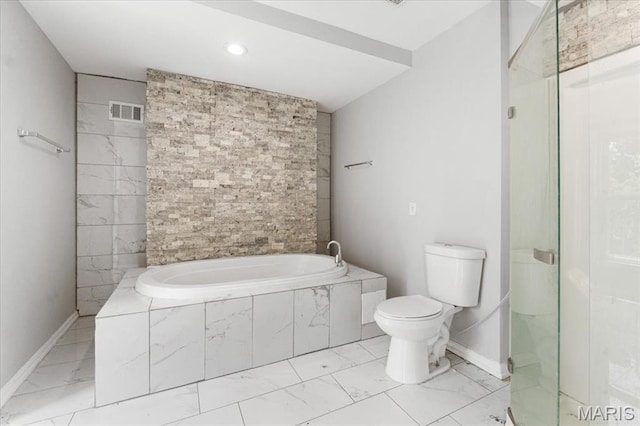 5829 Bartmer Ave, Saint Louis, MO 63112 - full bathroom featuring marble look tile flooring, a garden tub, a shower stall, and recessed lighting