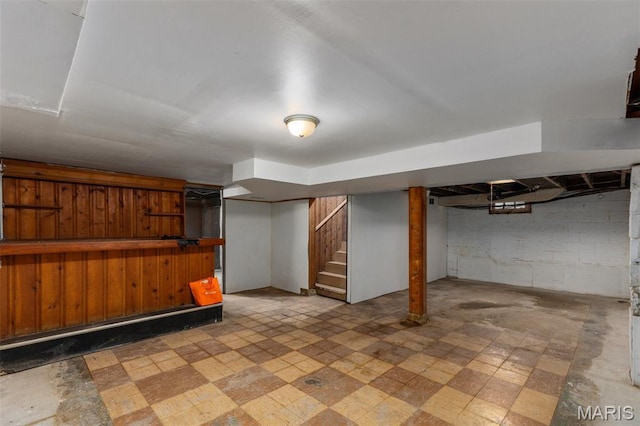 3513 Coronado Dr, Alton, IL 62002 - finished below grade area featuring stairs, tile patterned floors, and a bar