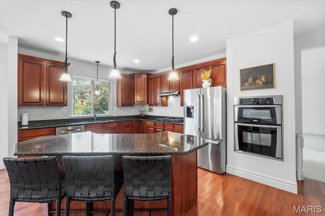 1412 Heritage Valley Dr, High Ridge, MO 63049 - kitchen featuring stainless steel appliances, light wood finished floors, under cabinet range hood, pendant lighting, and recessed lighting