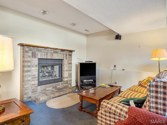 1 Wild Horse Ct, Troy, IL 62294 - carpeted living area featuring a brick fireplace and a textured ceiling