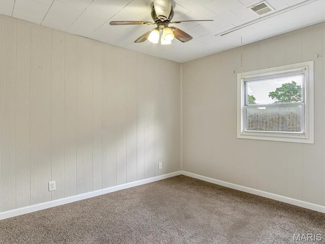 628 E Chain Of Rocks Rd, Granite City, IL 62040 - spare room with carpet flooring, ceiling fan, attic access, and wood walls