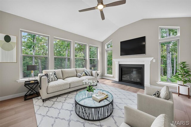 212 Terradel Trl, Foristell, MO 63348 - living area with ceiling fan, wood finished floors, a glass covered fireplace, and vaulted ceiling