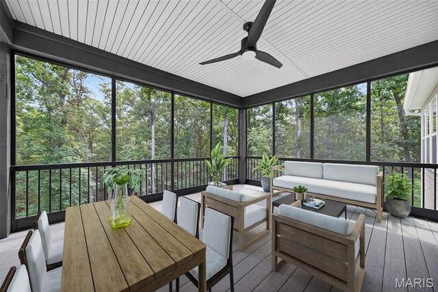 212 Terradel Trl, Foristell, MO 63348 - sunroom featuring ceiling fan, an outdoor living space, and plenty of natural light