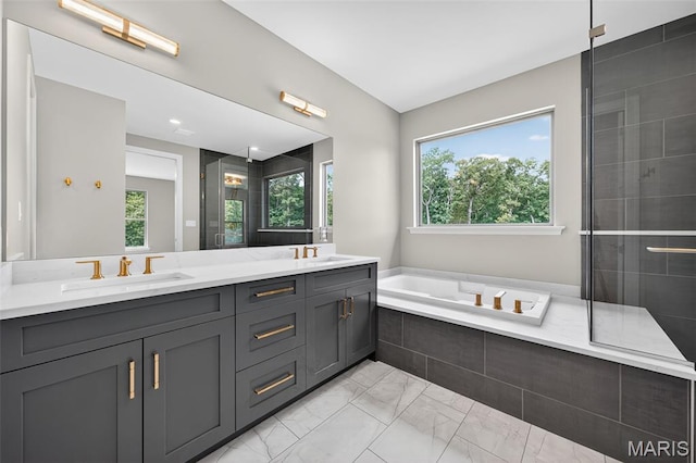 212 Terradel Trl, Foristell, MO 63348 - full bath featuring double vanity, marble finish floors, a bath, and tiled shower