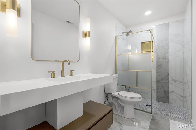 715 Westchester Ct, Kirkwood, MO 63122 - bathroom with marble finish floors, a marble finish shower, and recessed lighting