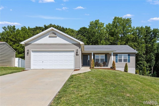 111 Rivers Edge Dr, Moscow Mills, MO 63362 - single story home with concrete driveway, a porch, and an attached garage