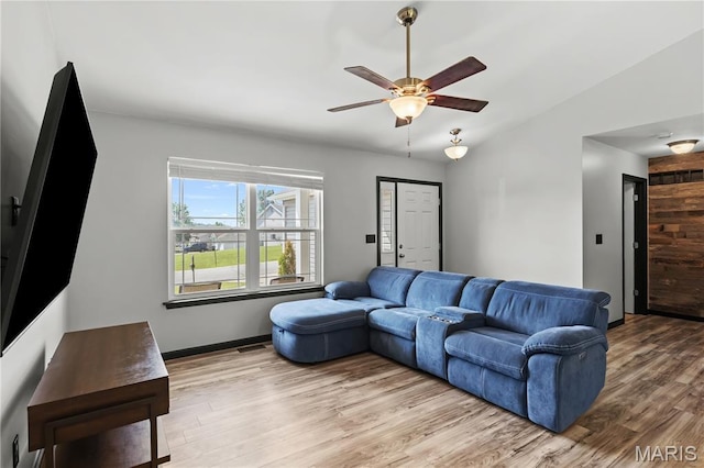 111 Rivers Edge Dr, Moscow Mills, MO 63362 - living area featuring wood finished floors and a ceiling fan