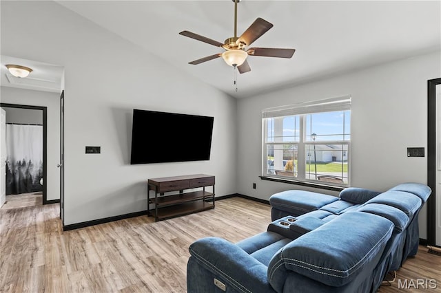 111 Rivers Edge Dr, Moscow Mills, MO 63362 - living room with wood finished floors, ceiling fan, and lofted ceiling
