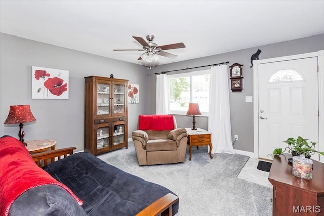 314 Weber Dr, Eureka, MO 63025 - carpeted living room featuring ceiling fan and baseboards