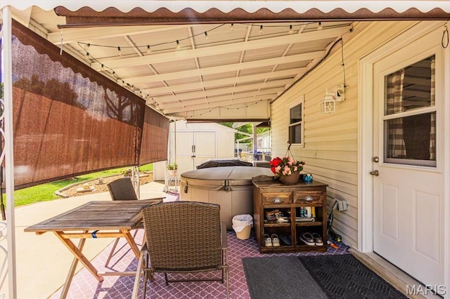 314 Weber Dr, Eureka, MO 63025 - view of patio with a hot tub and a shed