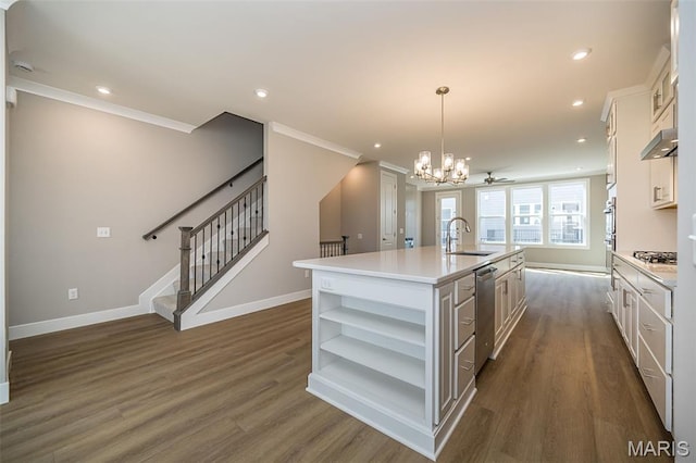 8915 E Gateway Hts Unit 94-803, Richmond Heights, MO 63144 - kitchen featuring open shelves, an island with sink, dark wood-style floors, white cabinets, and light countertops