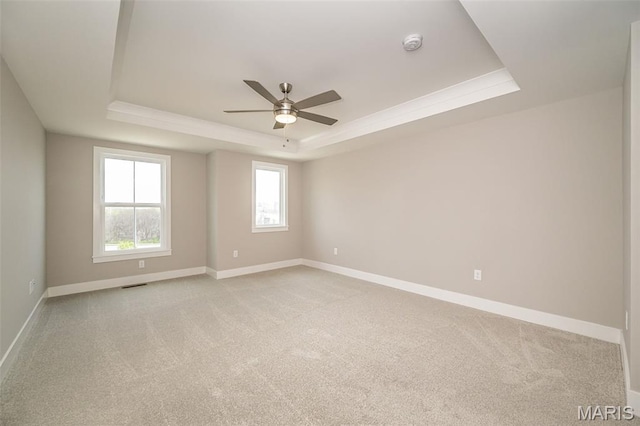 8915 E Gateway Hts Unit 94-803, Richmond Heights, MO 63144 - empty room with a tray ceiling, a smoke detector, ceiling fan, light colored carpet, and ornamental molding