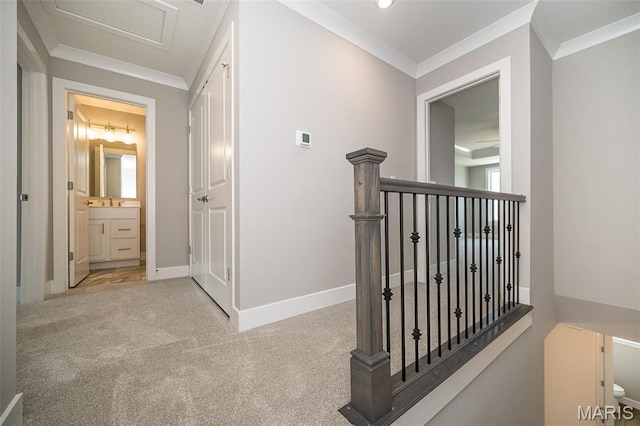 8915 E Gateway Hts Unit 94-803, Richmond Heights, MO 63144 - corridor featuring carpet flooring, crown molding, recessed lighting, and an upstairs landing