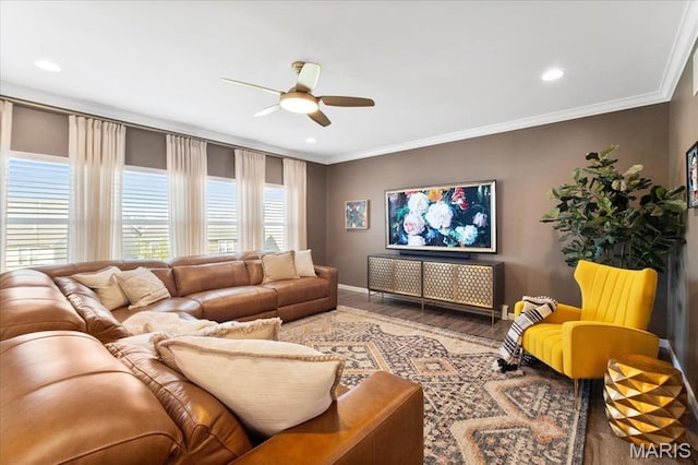 2385 Chemin Ave, Saint Charles, MO 63301 - living area featuring ceiling fan, crown molding, wood finished floors, and recessed lighting