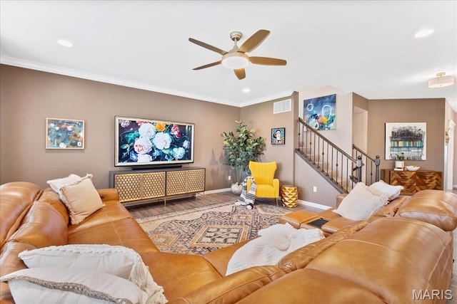 2385 Chemin Ave, Saint Charles, MO 63301 - living room featuring wood finished floors, ceiling fan, stairway, recessed lighting, and crown molding