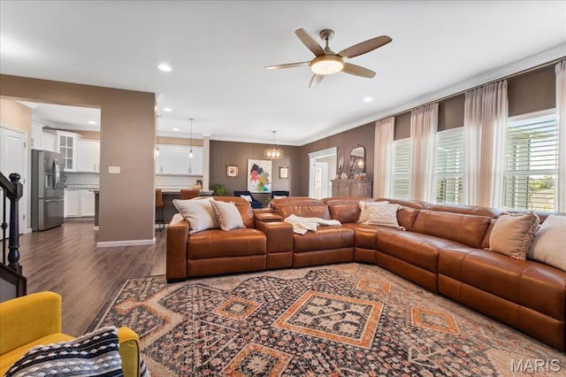 2385 Chemin Ave, Saint Charles, MO 63301 - living area featuring a ceiling fan, dark wood finished floors, recessed lighting, and crown molding