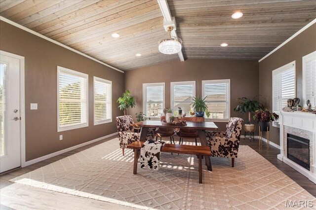 2385 Chemin Ave, Saint Charles, MO 63301 - dining space featuring wood ceiling, wood finished floors, recessed lighting, crown molding, and healthy amount of natural light