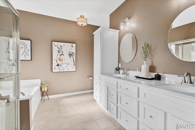 2385 Chemin Ave, Saint Charles, MO 63301 - full bath featuring double vanity, a garden tub, an enclosed shower, and tile patterned floors