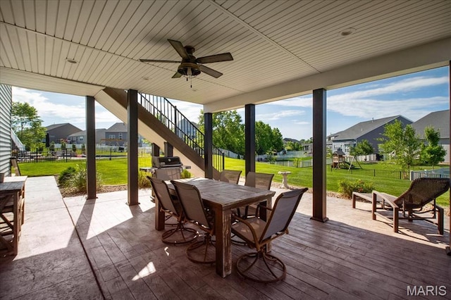 2385 Chemin Ave, Saint Charles, MO 63301 - view of patio / terrace featuring outdoor dining space, stairway, a residential view, a ceiling fan, and a wooden deck