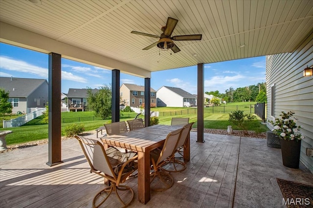 2385 Chemin Ave, Saint Charles, MO 63301 - fenced backyard with outdoor dining space, a residential view, ceiling fan, and a patio
