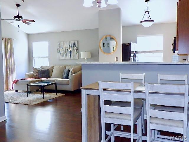 7302 Spring Creek Ln, Ofallon, MO 63368 - living area with ceiling fan, dark wood-style flooring, and lofted ceiling