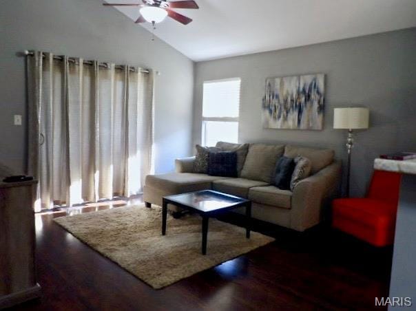 7302 Spring Creek Ln, Ofallon, MO 63368 - living area with a ceiling fan, lofted ceiling, and wood finished floors