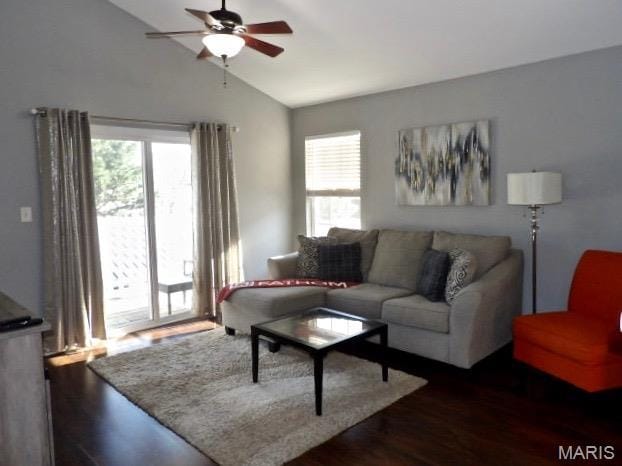 7302 Spring Creek Ln, Ofallon, MO 63368 - living room with a ceiling fan, plenty of natural light, vaulted ceiling, and wood finished floors
