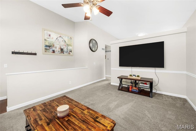 33 Kingspointe Dr, Saint Peters, MO 63376 - carpeted living room featuring ceiling fan and vaulted ceiling