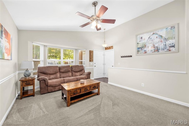 33 Kingspointe Dr, Saint Peters, MO 63376 - carpeted living room with lofted ceiling and ceiling fan