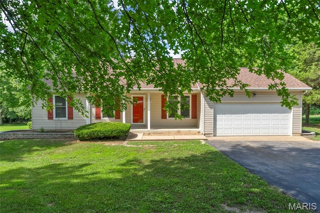 5265 Country Club Rd, Washington, MO 63090 - view of property hidden behind natural elements featuring driveway, an attached garage, a front yard, a shingled roof, and a porch