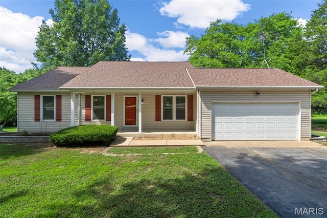 5265 Country Club Rd, Washington, MO 63090 - ranch-style home featuring asphalt driveway, a porch, a front yard, and a garage