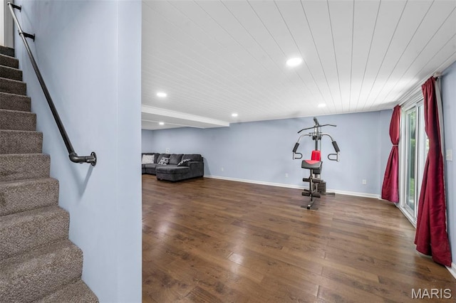 5265 Country Club Rd, Washington, MO 63090 - exercise area with recessed lighting, wood finished floors, and wood ceiling