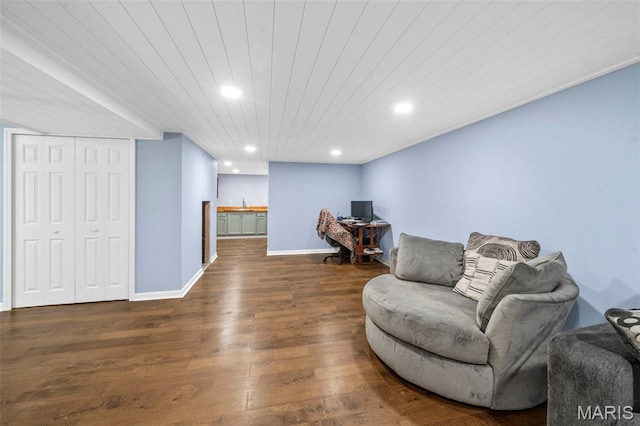 5265 Country Club Rd, Washington, MO 63090 - sitting room with dark wood-style floors, recessed lighting, wood ceiling, and an office area