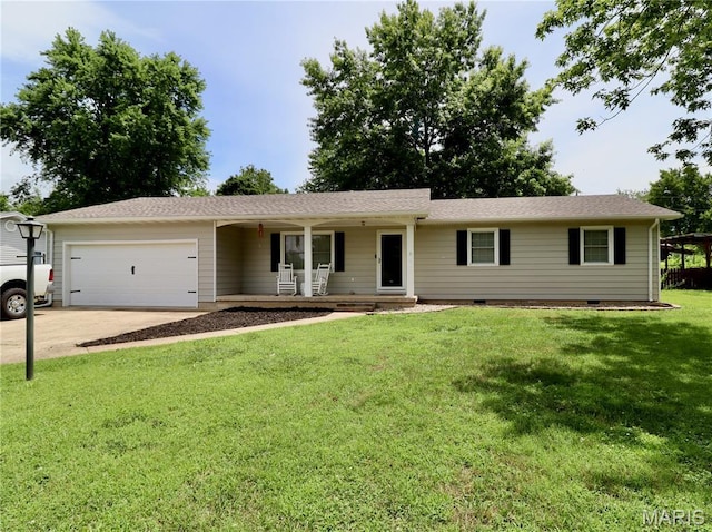110 S Bend Rd, Lebanon, MO 65536 - single story home with a porch, a garage, driveway, a front lawn, and crawl space