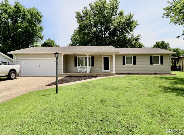 110 S Bend Rd, Lebanon, MO 65536 - ranch-style house with covered porch, driveway, an attached garage, a front lawn, and crawl space