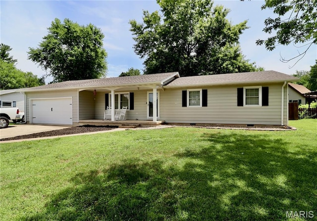 110 S Bend Rd, Lebanon, MO 65536 - single story home with a porch, a garage, concrete driveway, a front yard, and crawl space