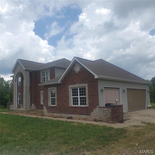 13801 Country Meadow Ct, Wright City, MO 63390 - view of front of property with driveway, a garage, a front lawn, and brick siding