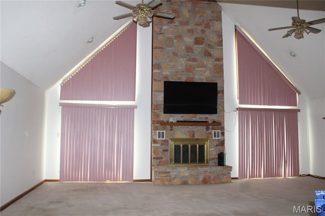 904 Keith St, Kennett, MO 63857 - unfurnished living room with ceiling fan, a fireplace, carpet floors, and high vaulted ceiling