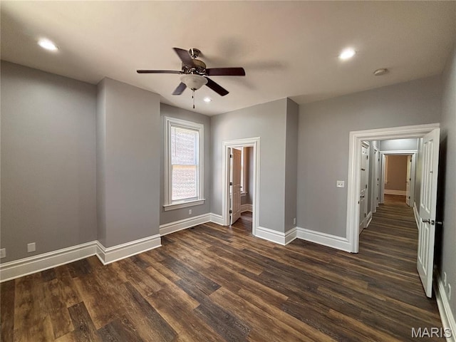 2012 Mallinckrodt St, Saint Louis, MO 63107 - unfurnished bedroom with dark wood-style flooring, recessed lighting, and ceiling fan