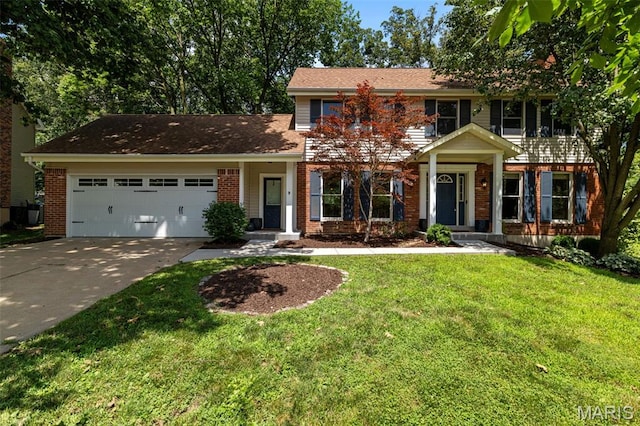 15495 Long Castle Forest Ct, Chesterfield, MO 63017 - view of front of house with brick siding, a garage, driveway, and a front yard