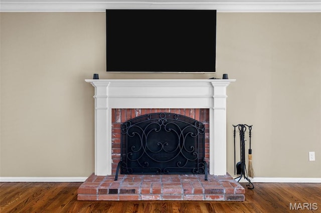 15495 Long Castle Forest Ct, Chesterfield, MO 63017 - detailed view of crown molding, wood finished floors, and a fireplace