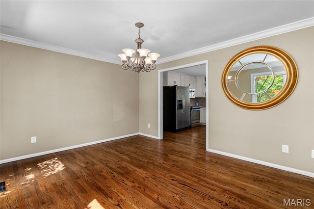 15495 Long Castle Forest Ct, Chesterfield, MO 63017 - empty room featuring a chandelier, ornamental molding, and dark wood-style floors