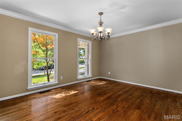 15495 Long Castle Forest Ct, Chesterfield, MO 63017 - unfurnished room with a chandelier, plenty of natural light, ornamental molding, and dark wood-type flooring