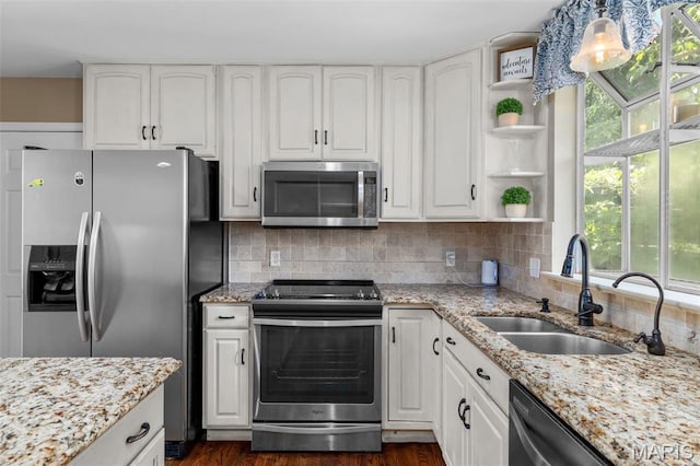 15495 Long Castle Forest Ct, Chesterfield, MO 63017 - kitchen with appliances with stainless steel finishes, open shelves, and white cabinetry
