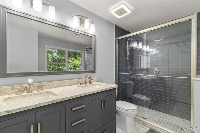 15495 Long Castle Forest Ct, Chesterfield, MO 63017 - full bath featuring double vanity, a shower stall, and marble look tiles