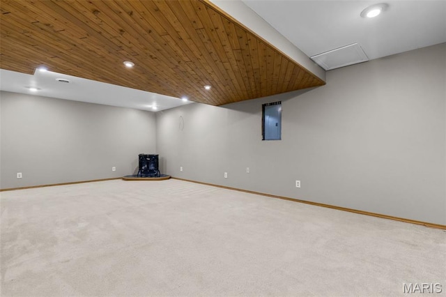 15495 Long Castle Forest Ct, Chesterfield, MO 63017 - basement featuring electric panel, carpet flooring, recessed lighting, and wooden ceiling