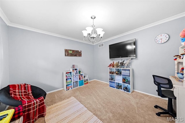1745 Woodwind Dr, Imperial, MO 63052 - office area with a chandelier, carpet, and ornamental molding